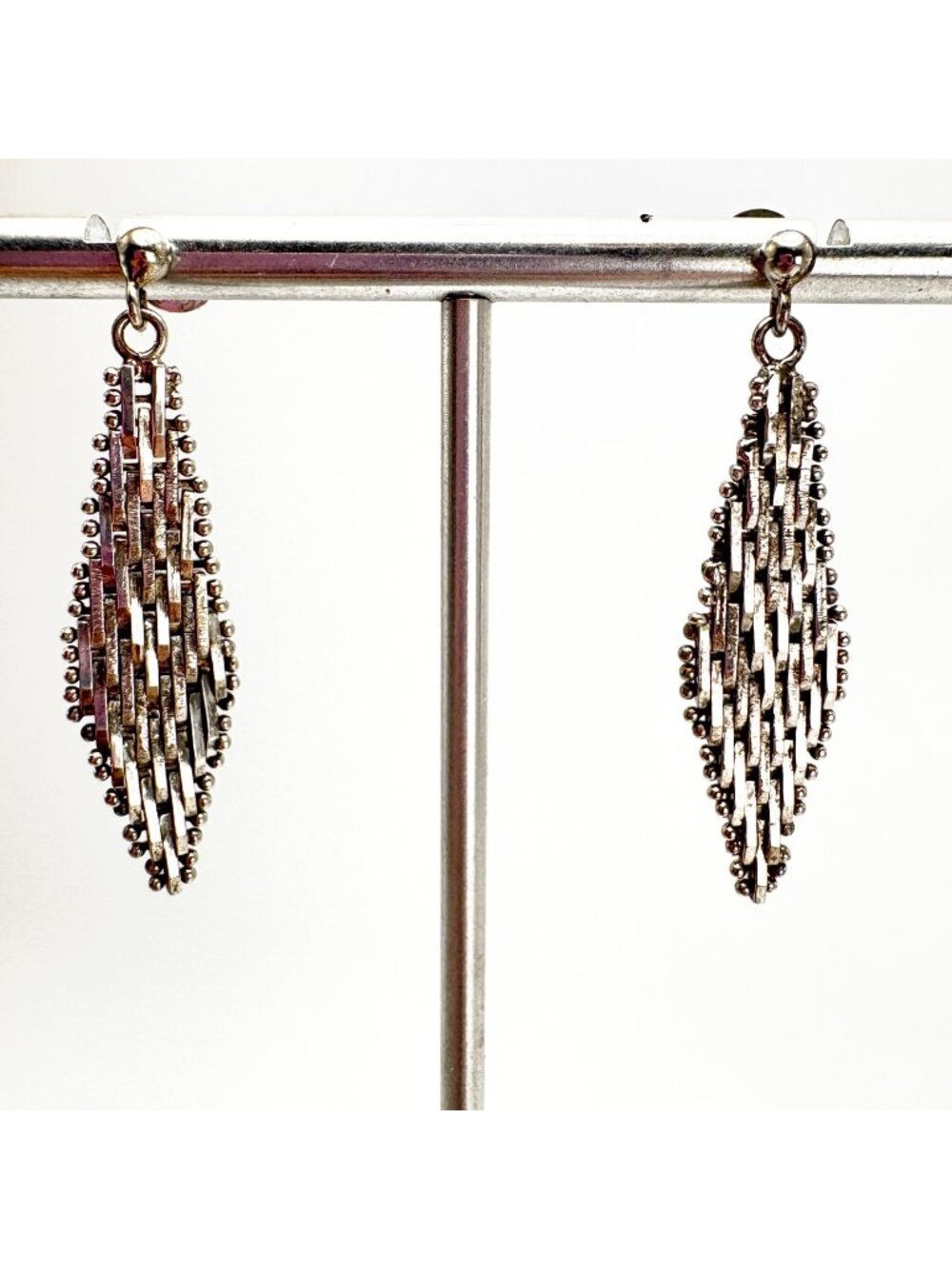 Mesh Design Dangle Earrings Butterfly Closure Sterling Silver 925 Size 1.5"